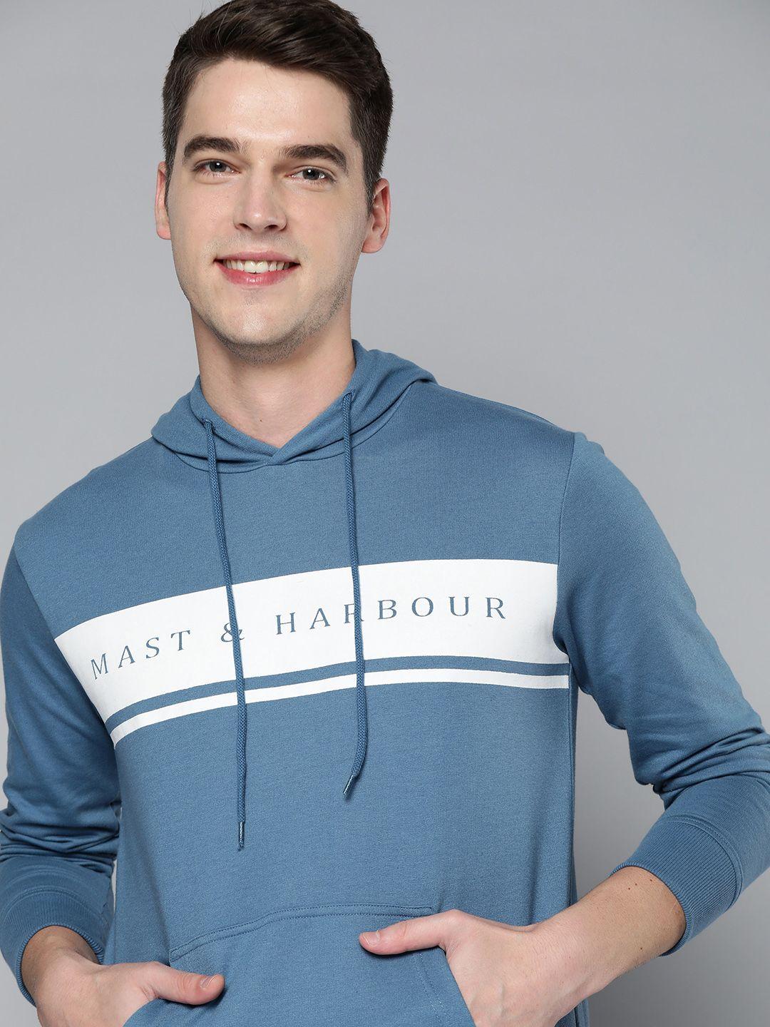 mast & harbour men blue & white printed hooded sweatshirt