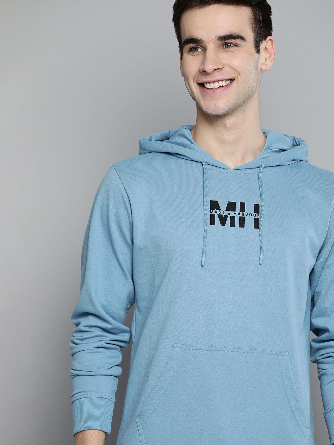 mast & harbour men blue brand logo printed hooded sweatshirt