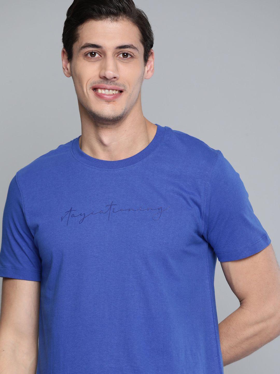 mast & harbour men blue printed pure cotton t-shirt