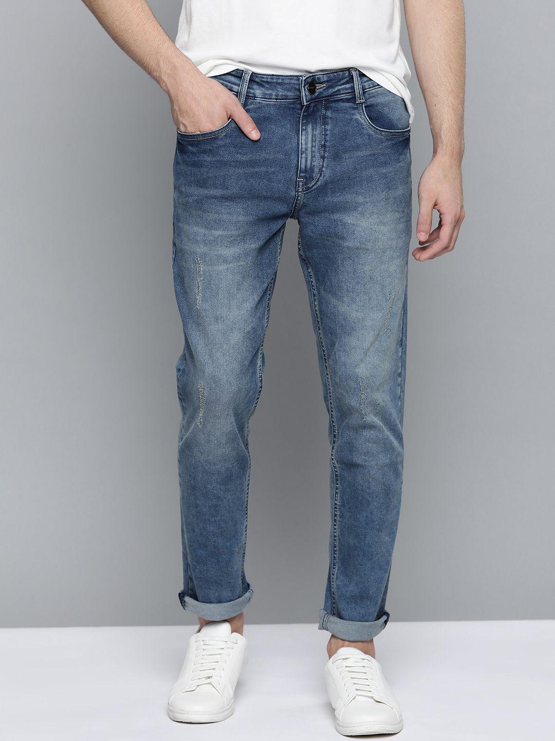 mast & harbour men blue slim fit mid-rise low distress stretchable jeans