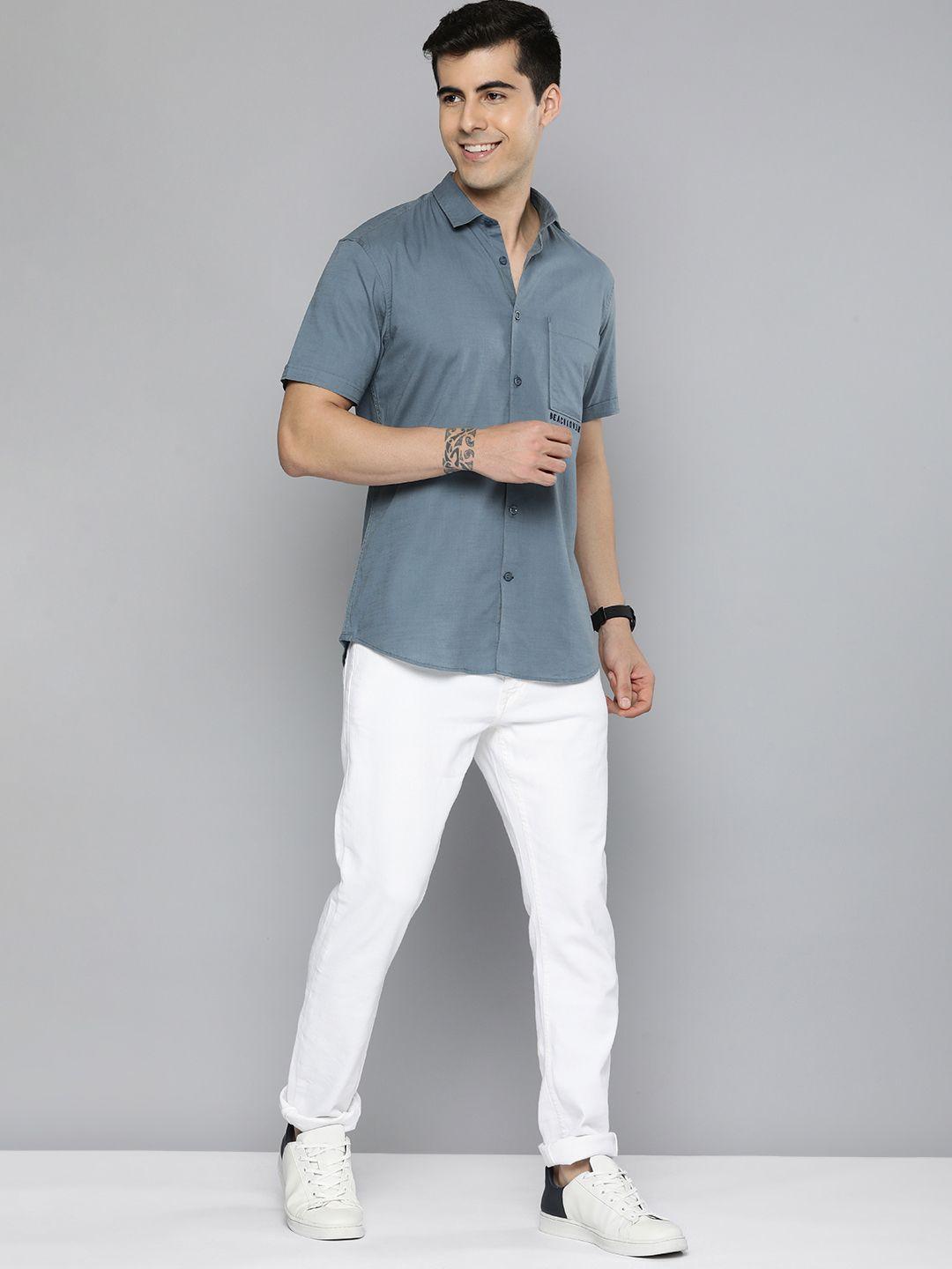 mast & harbour men blue slim fit pure cotton casual shirt