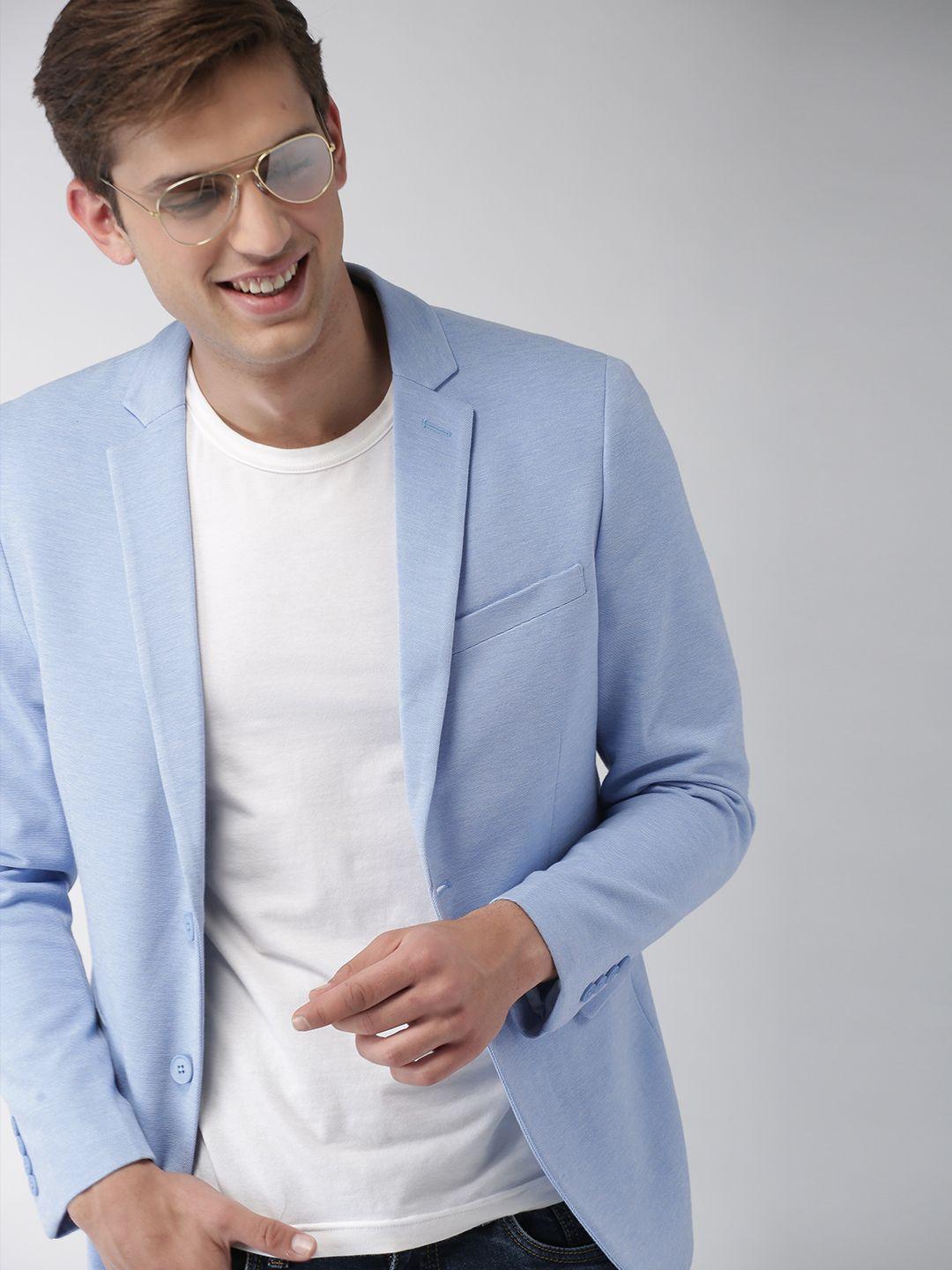 mast & harbour men blue solid single-breasted knitted blazer