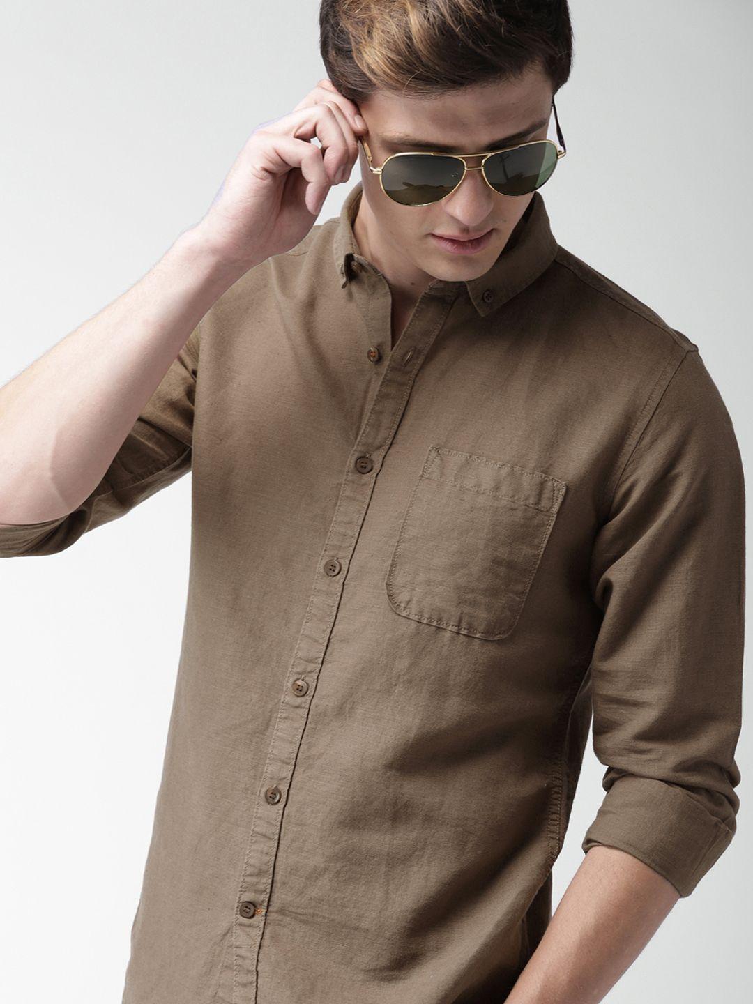 mast & harbour men brown slim fit   casual linen cotton sustainable shirt