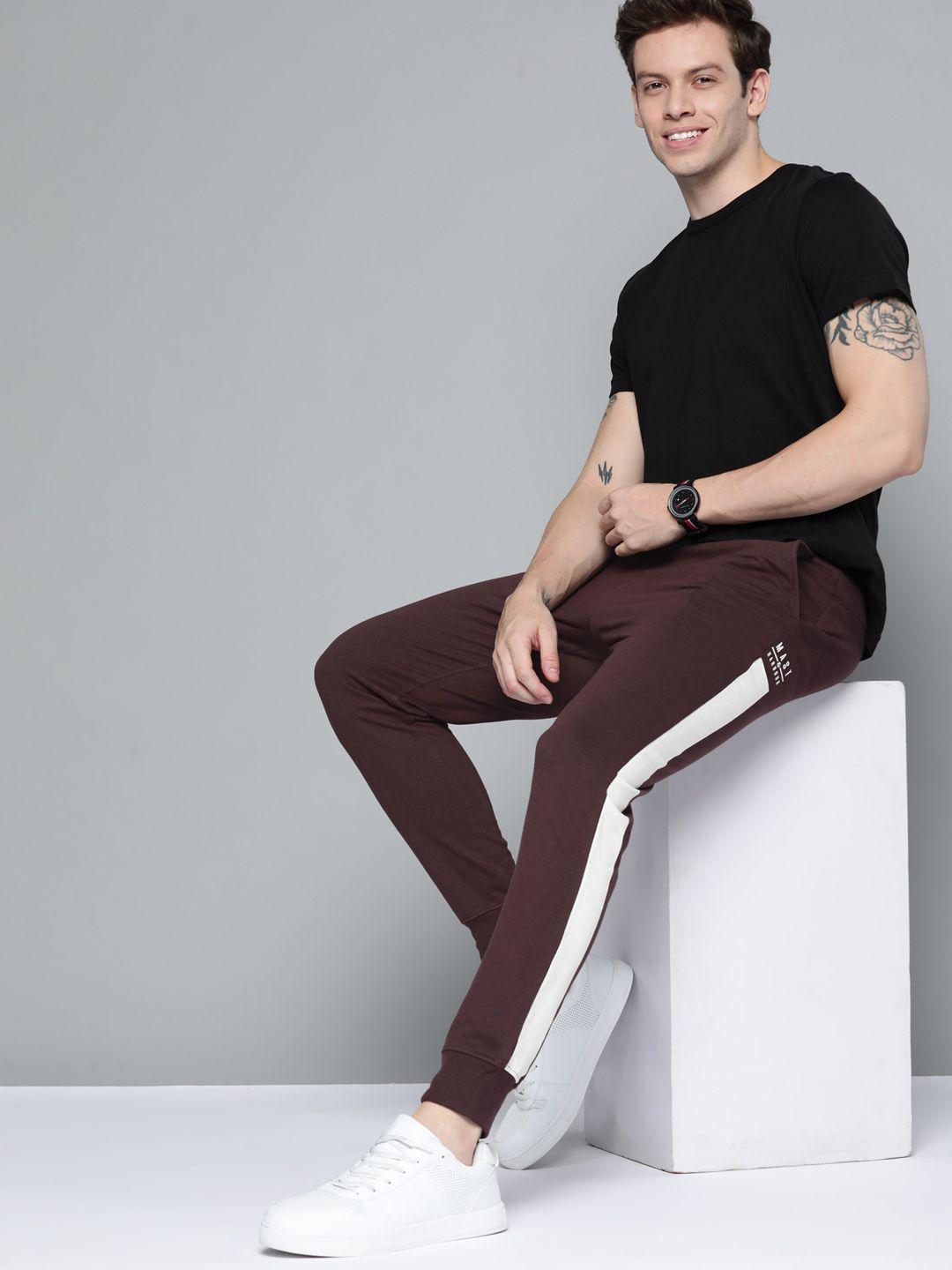 mast & harbour men brown solid side striped detail joggers