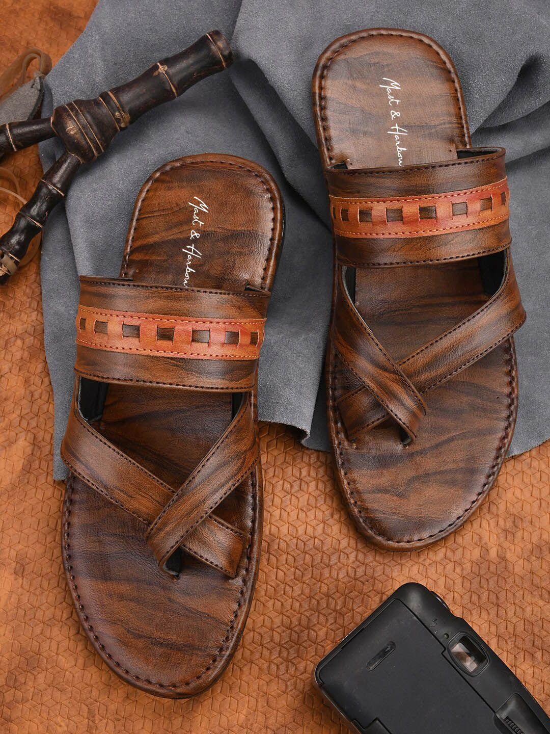 mast & harbour men brown textured open one toe comfort sandals