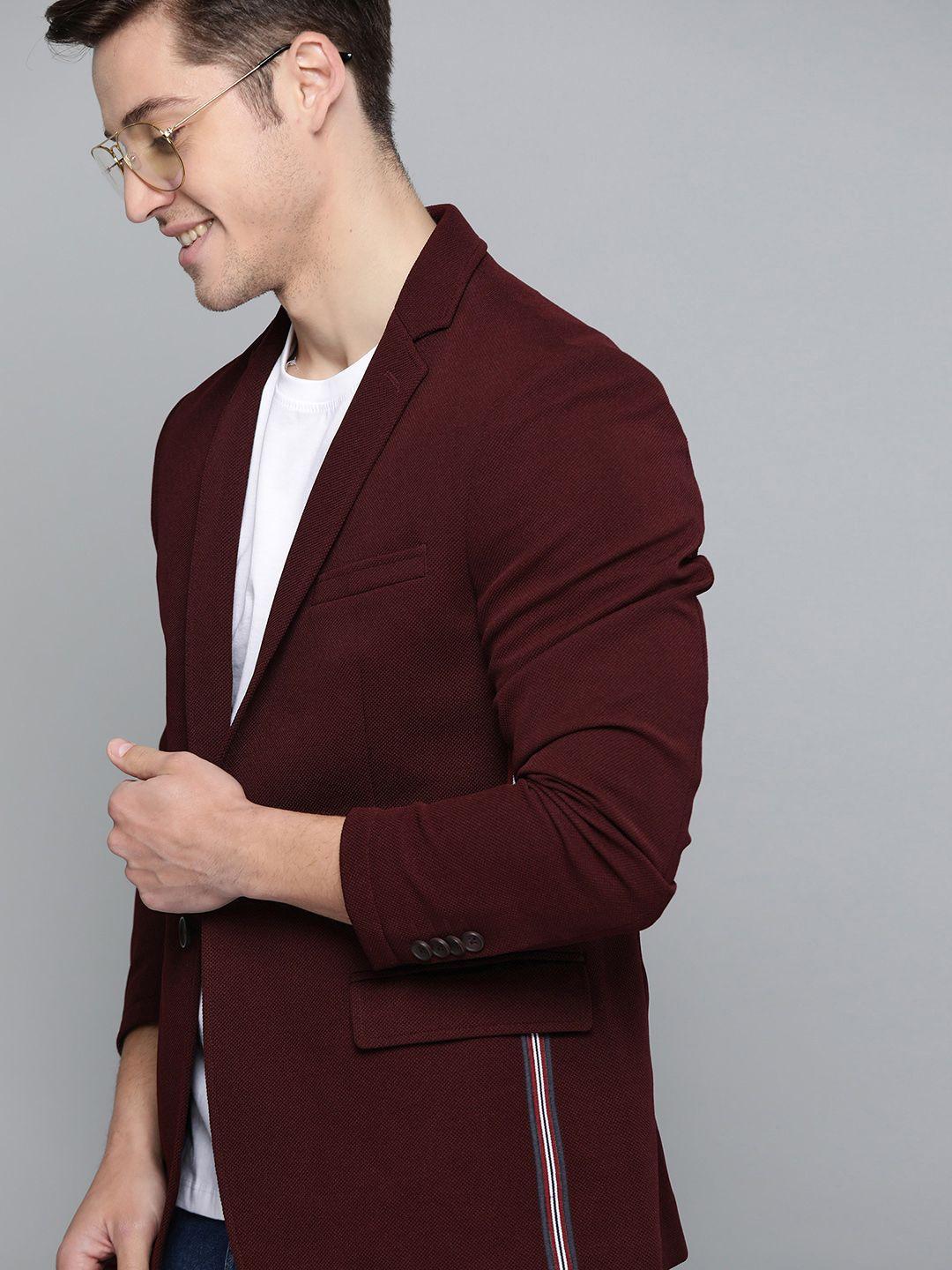 mast & harbour men burgundy regular fit solid single-breasted casual blazer