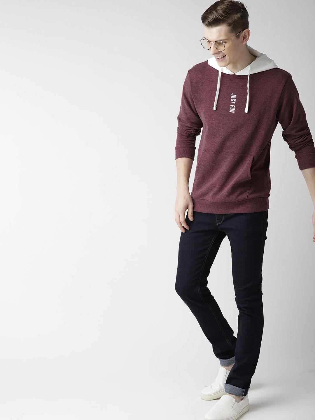 mast & harbour men burgundy solid hooded sweatshirt