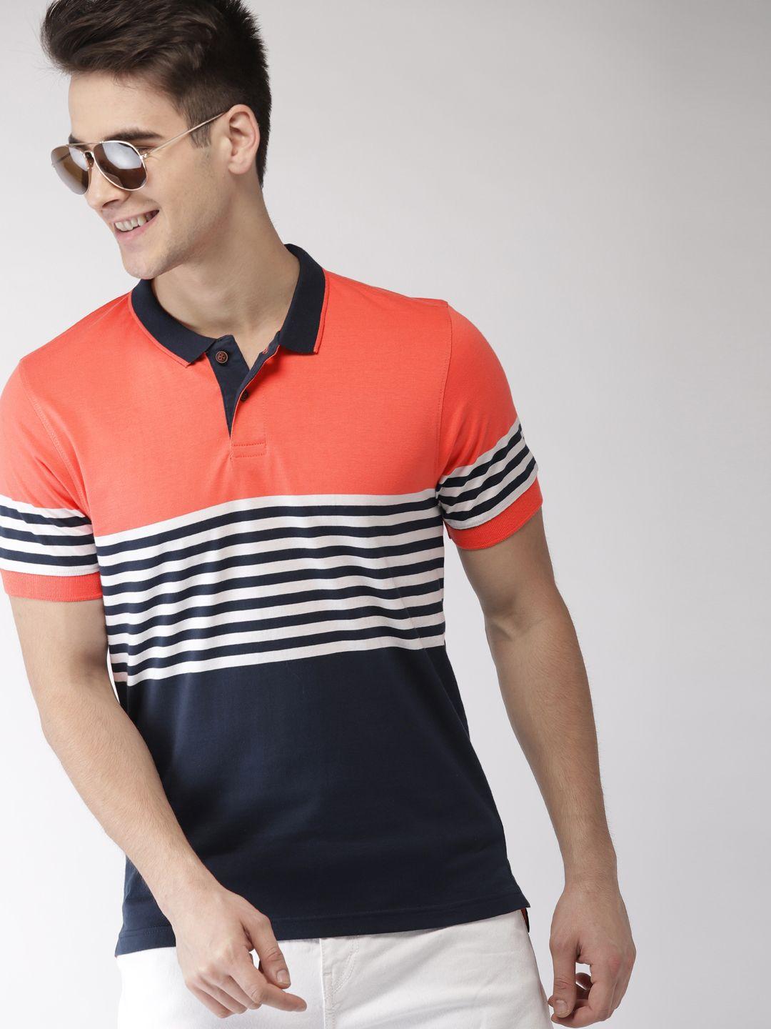 mast & harbour men coral orange & navy blue striped polo collar t-shirt