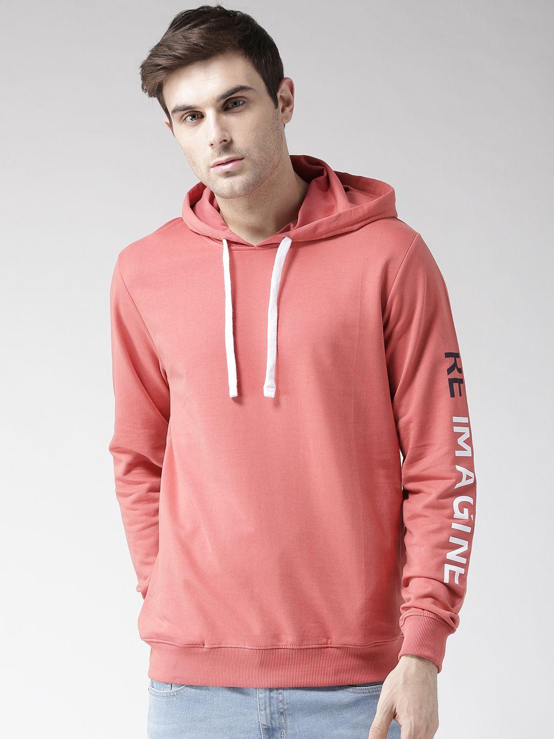 mast & harbour men coral orange solid hooded sweatshirt