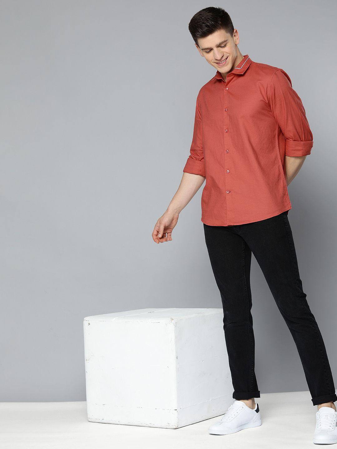 mast & harbour men coral orange solid pure cotton casual shirt