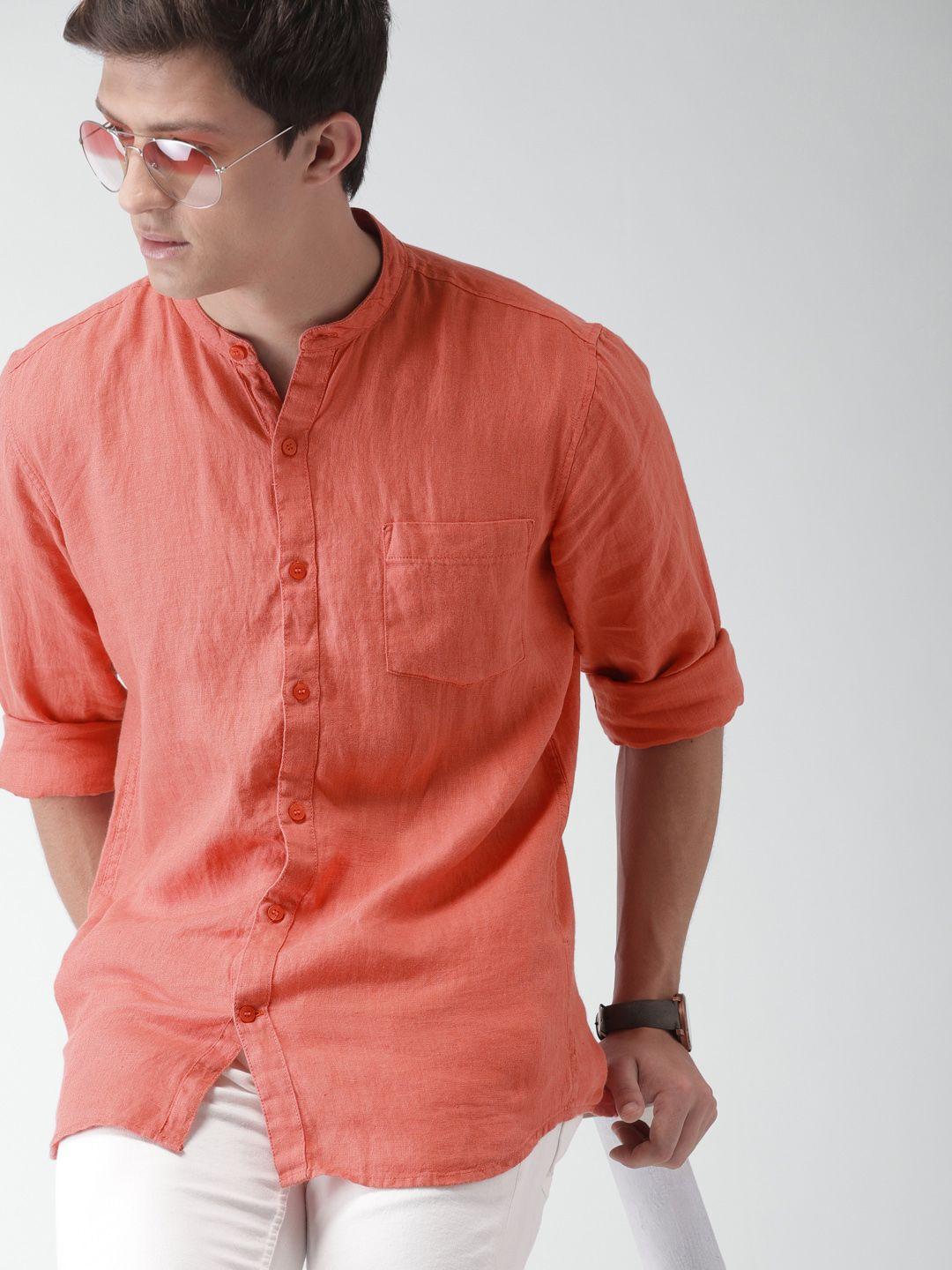 mast & harbour men coral red  regular fit solid  linen sustainable shirt