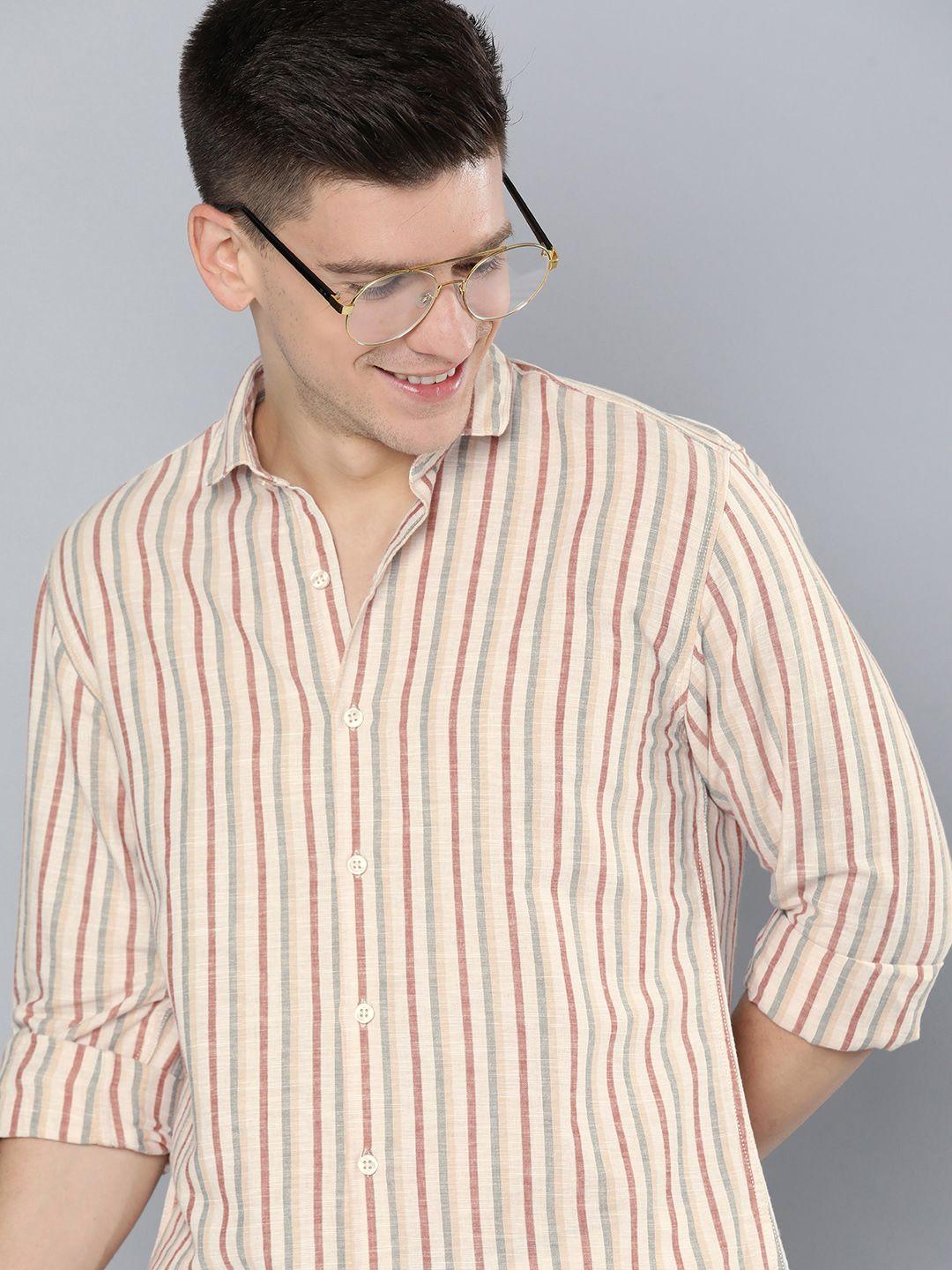 mast & harbour men cream-coloured & rust red slim fit striped cotton linen casual shirt