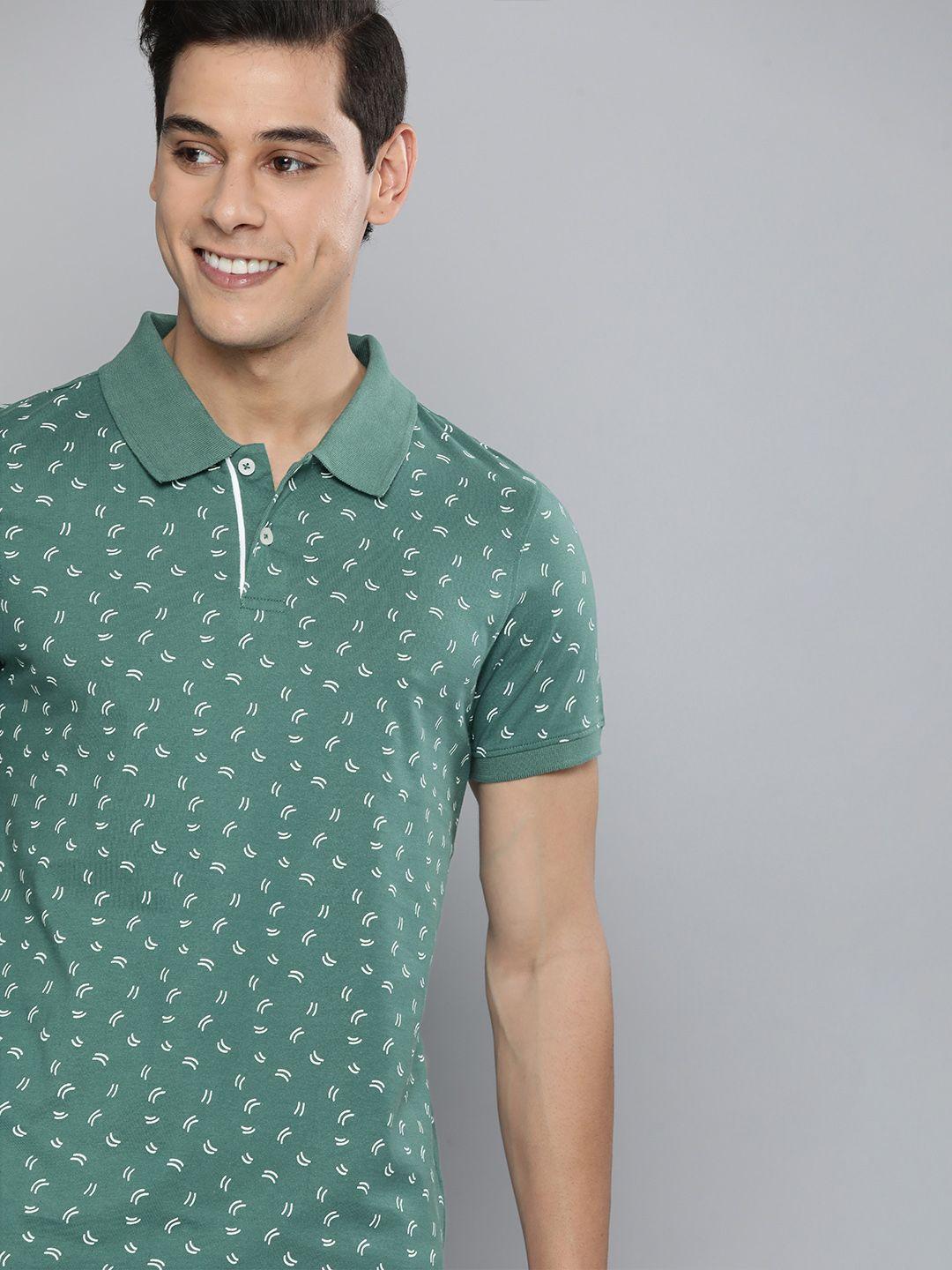 mast & harbour men green & white geometric printed polo collar pure cotton t-shirt