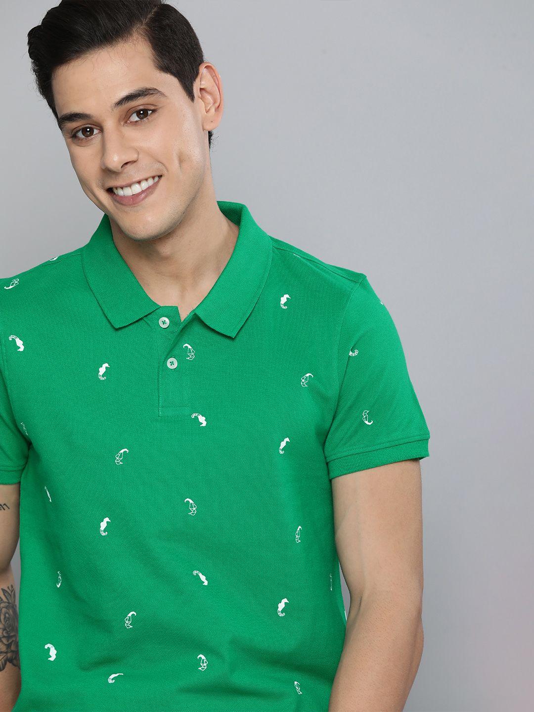 mast & harbour men green & white printed polo collar pure cotton t-shirt