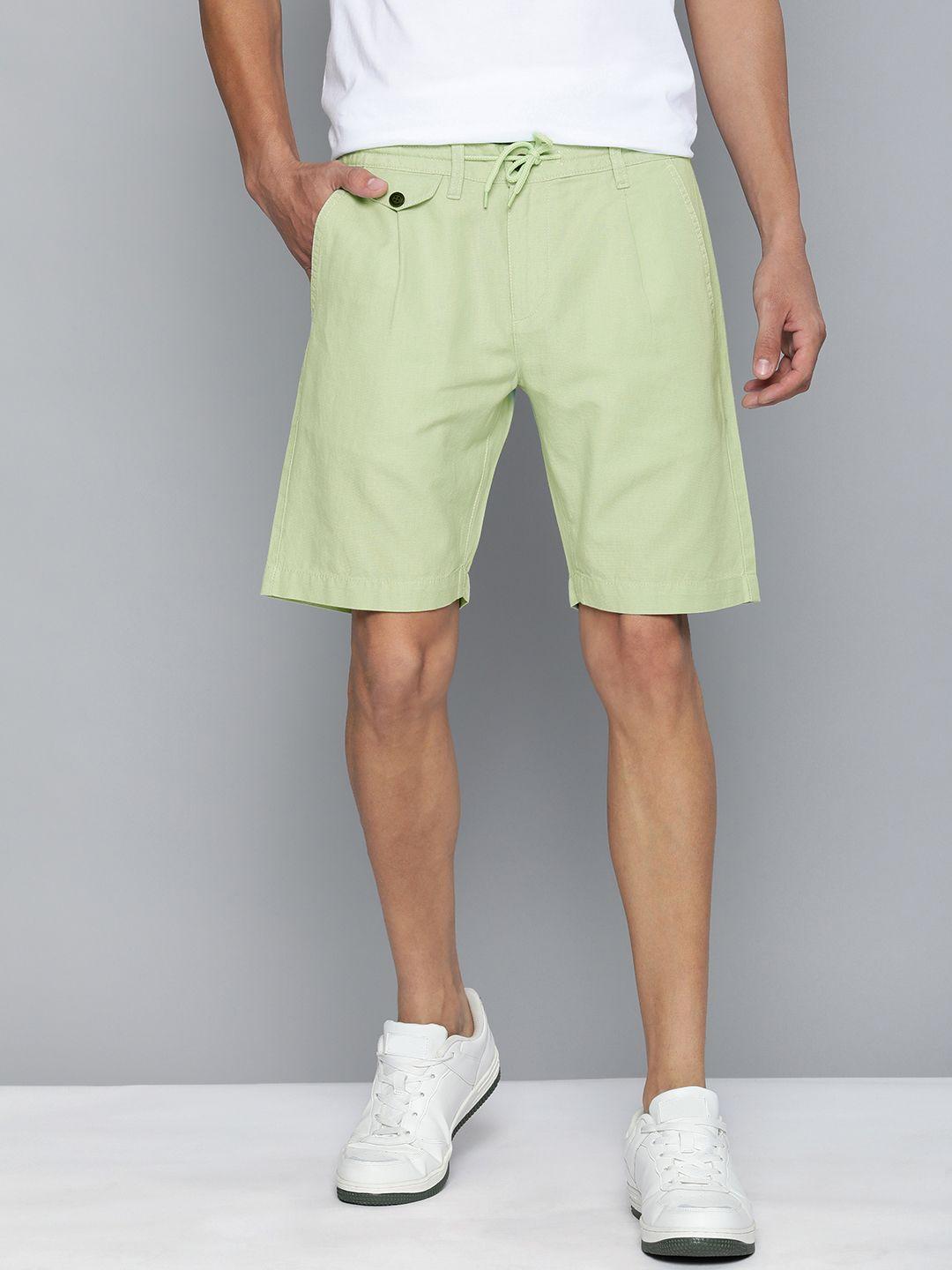 mast & harbour men green cotton linen chino shorts