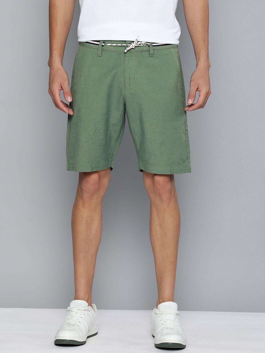 mast & harbour men green cotton linen chino shorts