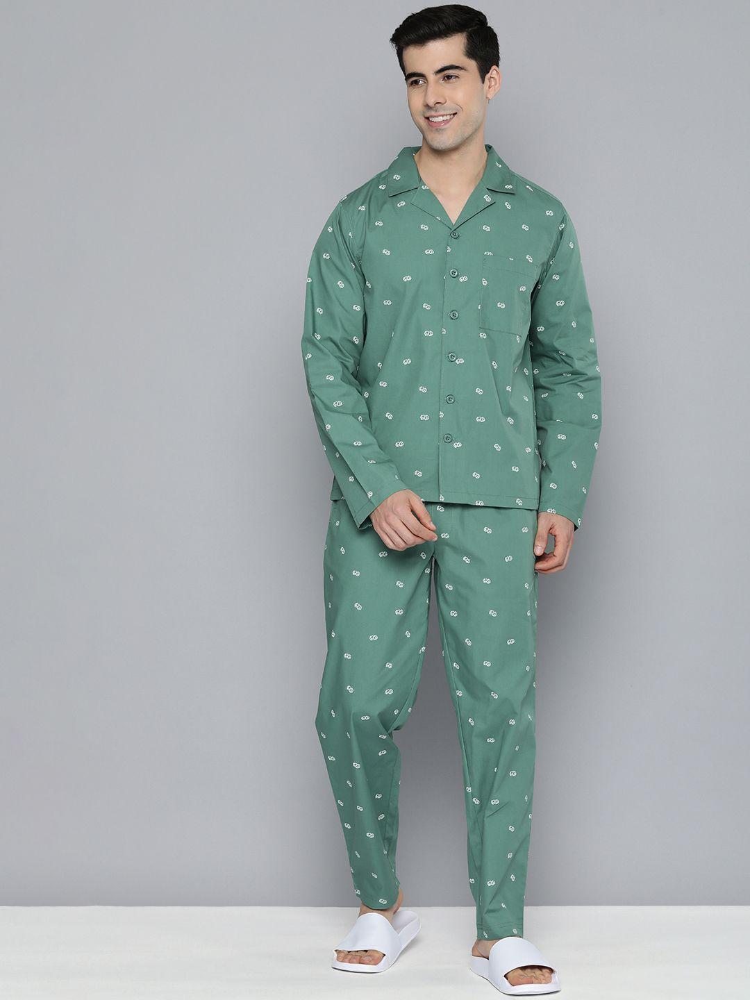 mast & harbour men green geometric printed casual night suit