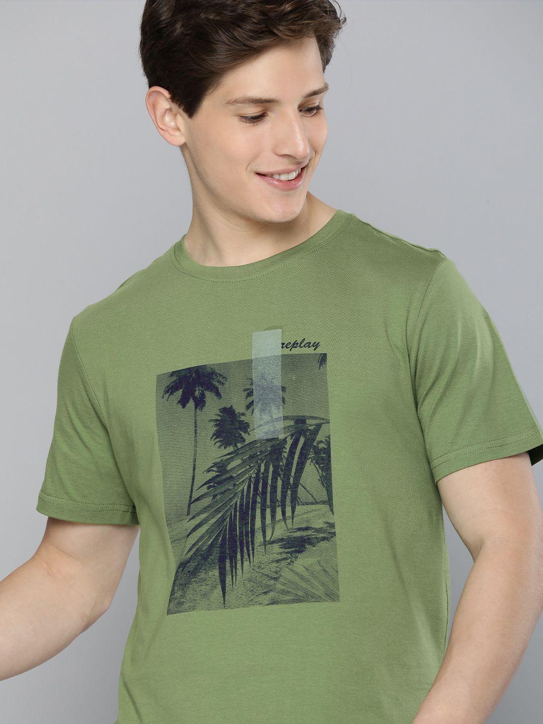 mast & harbour men green printed round neck pure cotton t-shirt