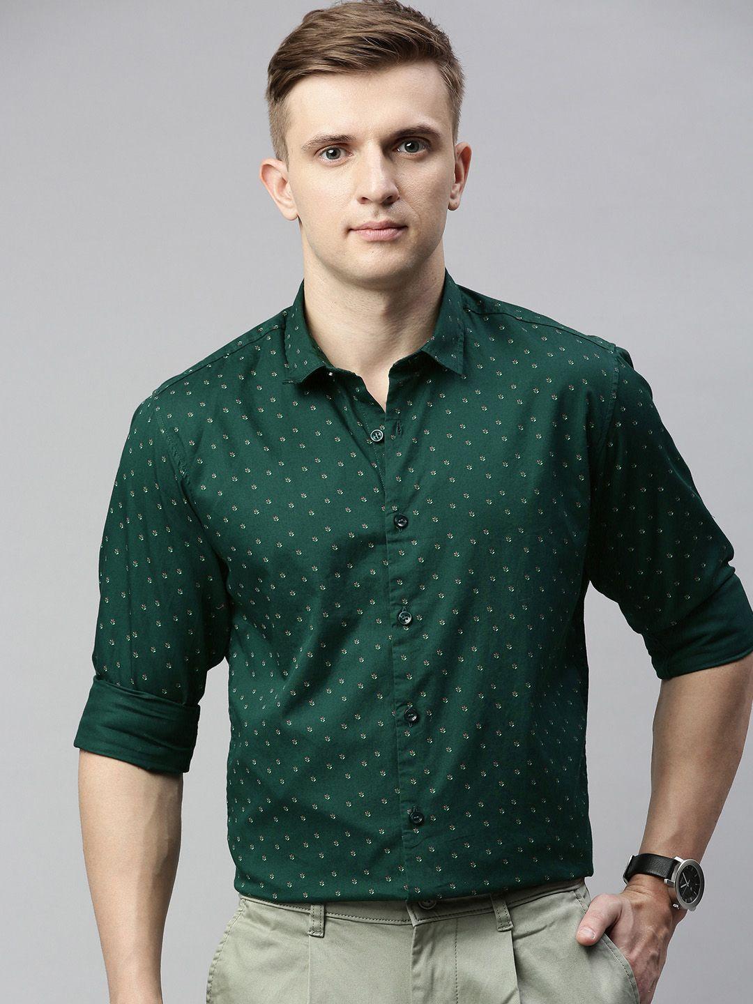 mast & harbour men green regular fit micro printed casual shirt