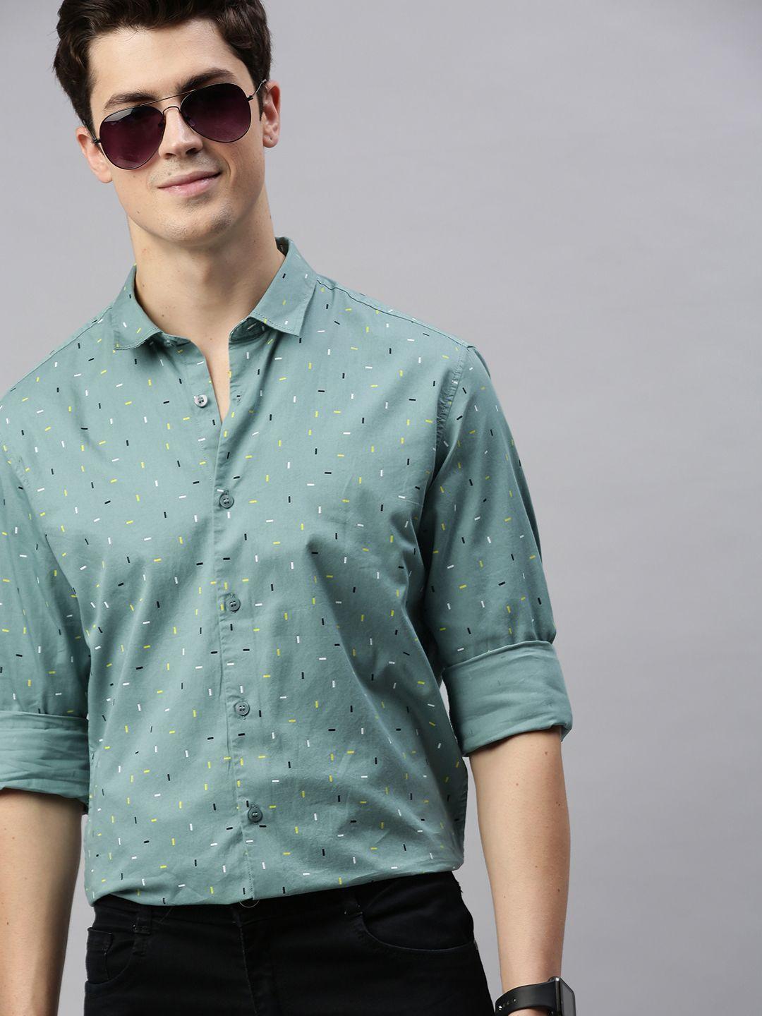 mast & harbour men green regular fit printed casual shirt