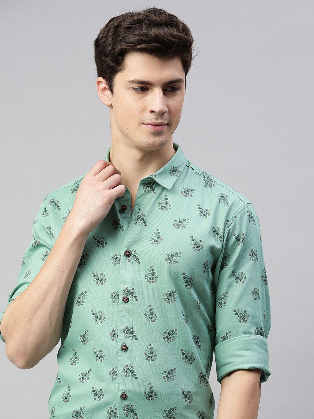 mast & harbour men green regular fit printed casual shirt