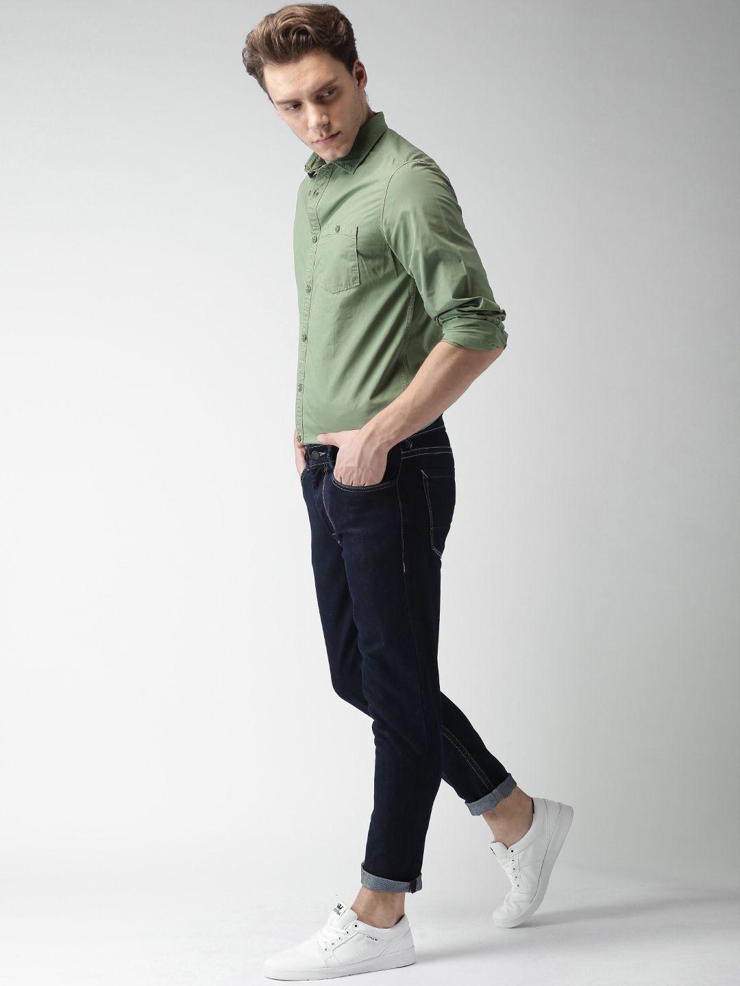 mast & harbour men green slim fit solid casual shirt