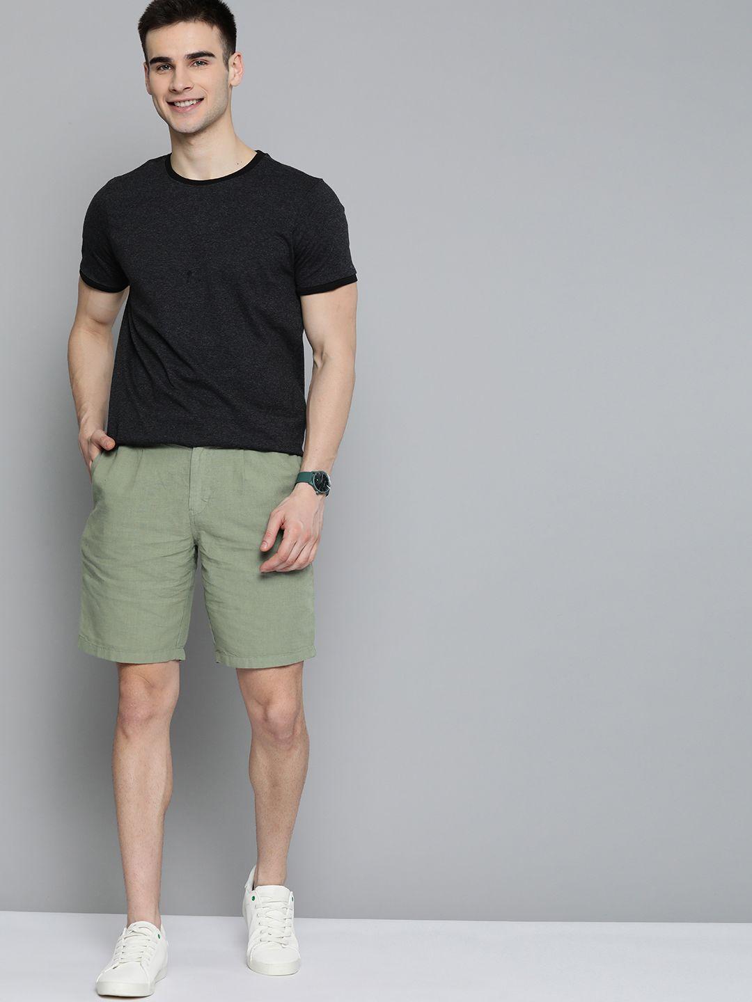 mast & harbour men green solid regular fit shorts
