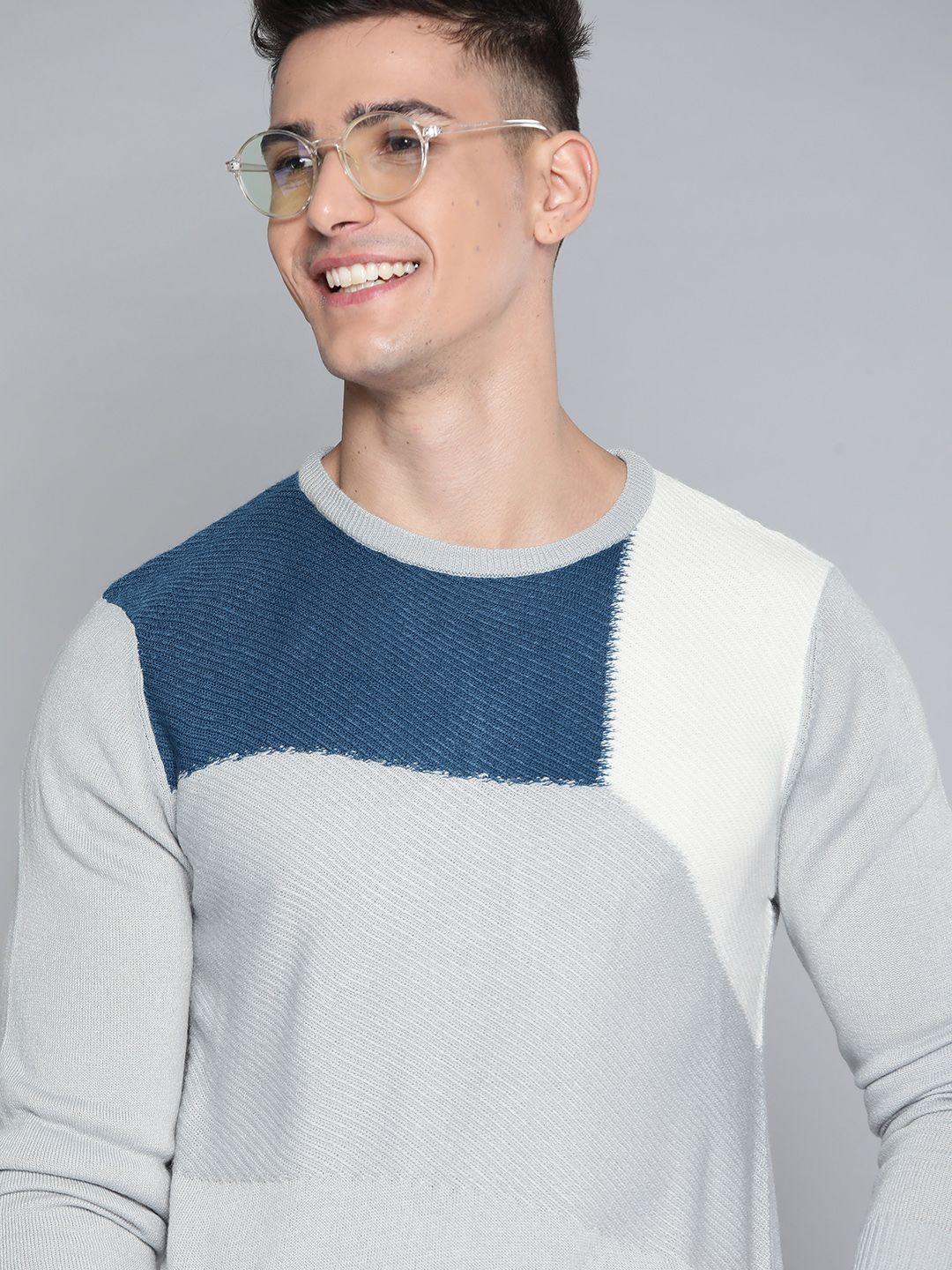 mast & harbour men grey & teal blue colourblocked pullover