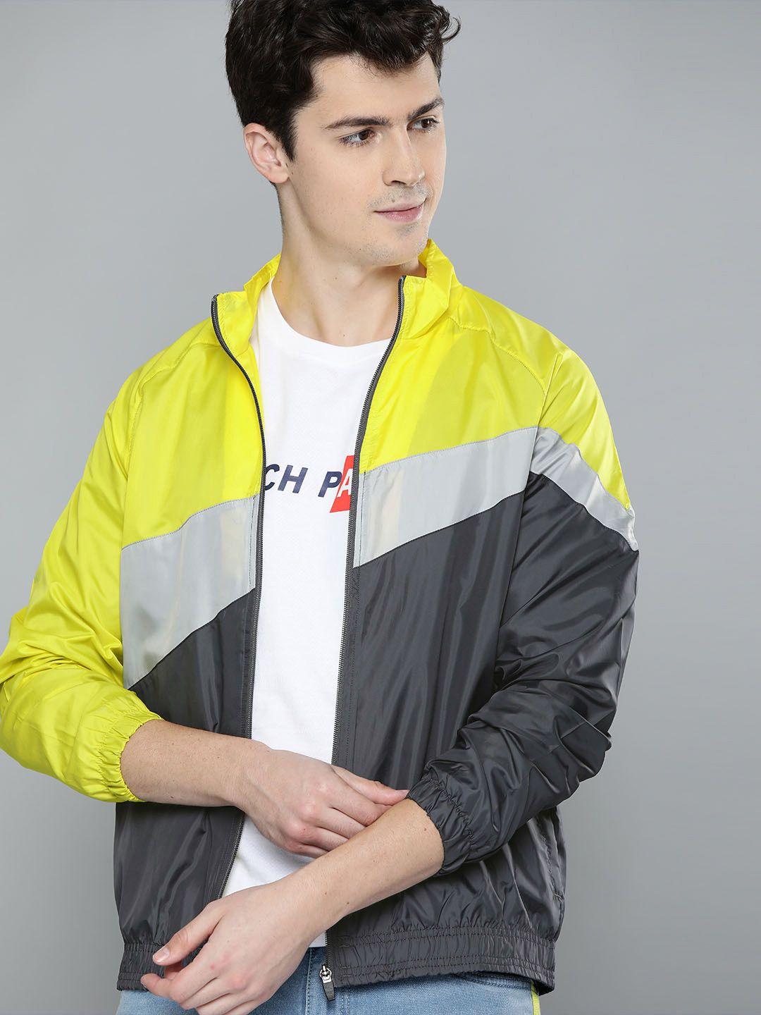 mast & harbour men grey & yellow colourblocked lightweight sporty jacket