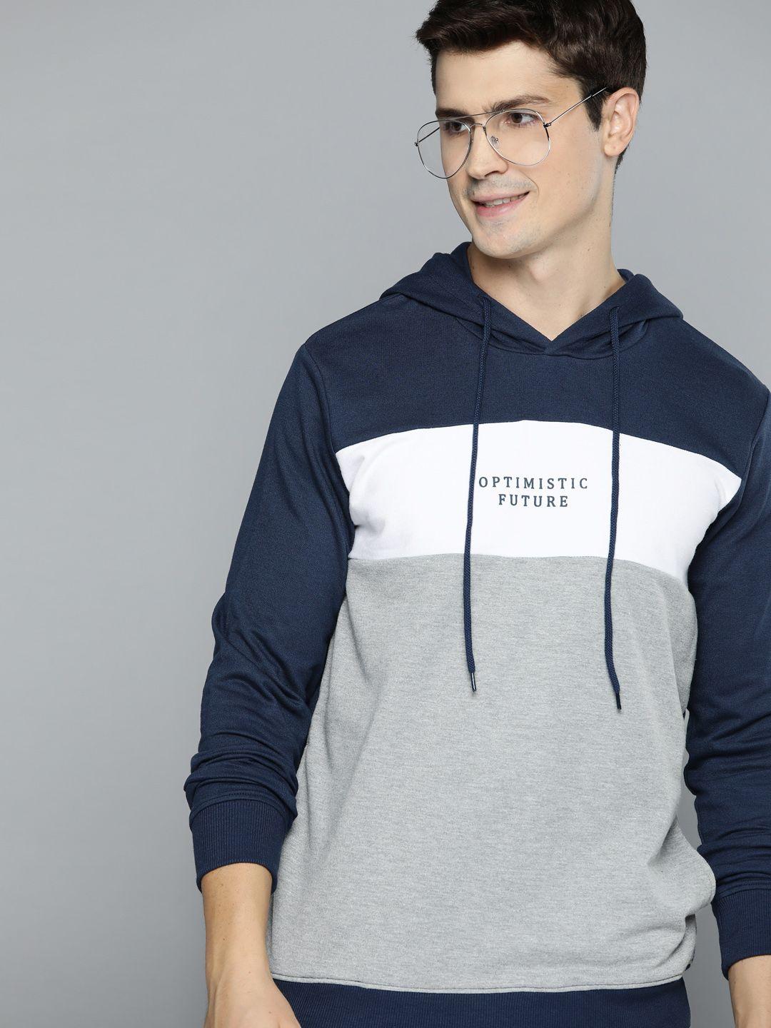 mast & harbour men grey melange & navy blue colourblocked hooded sweatshirt