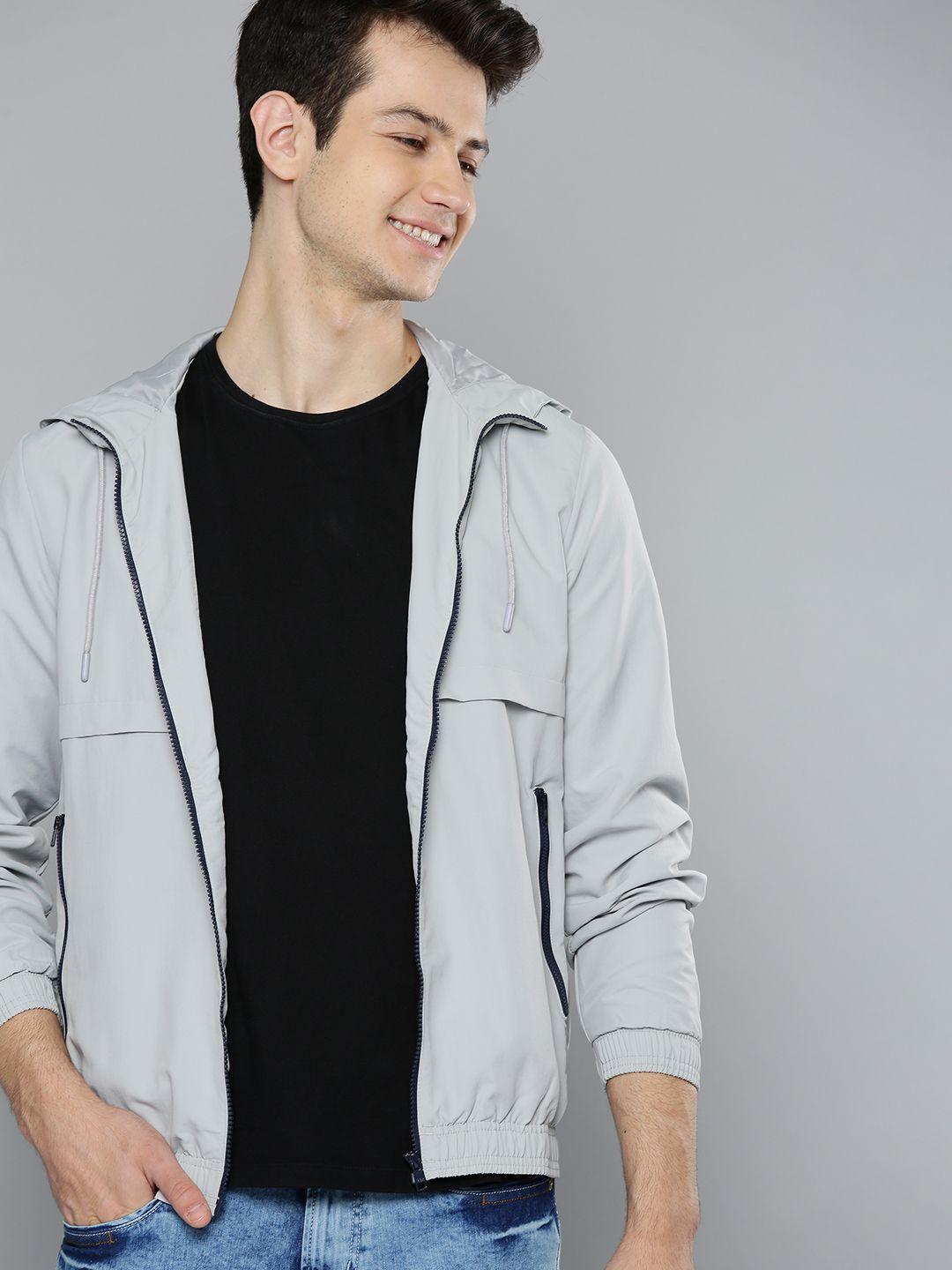 mast & harbour men grey solid hooded lightweight bomber jacket