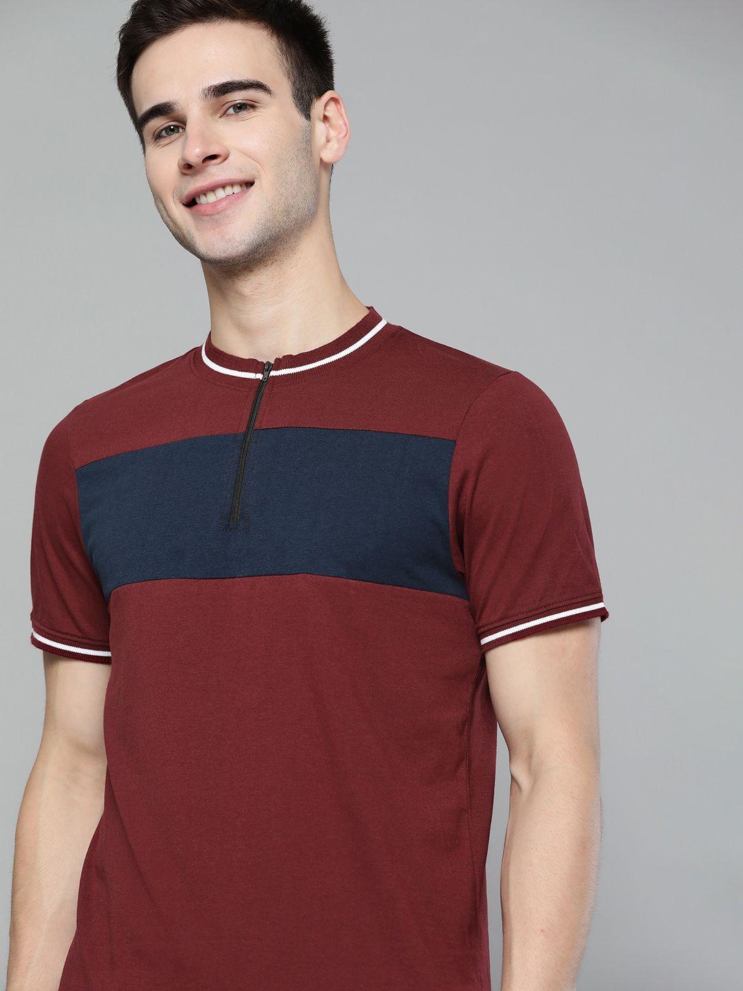 mast & harbour men maroon & navy blue colourblocked t-shirt