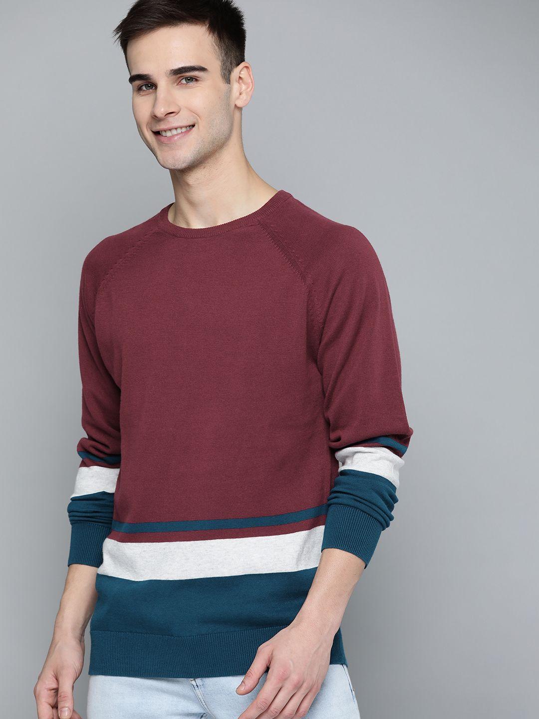 mast & harbour men maroon & teal blue cotton colourblocked pullover