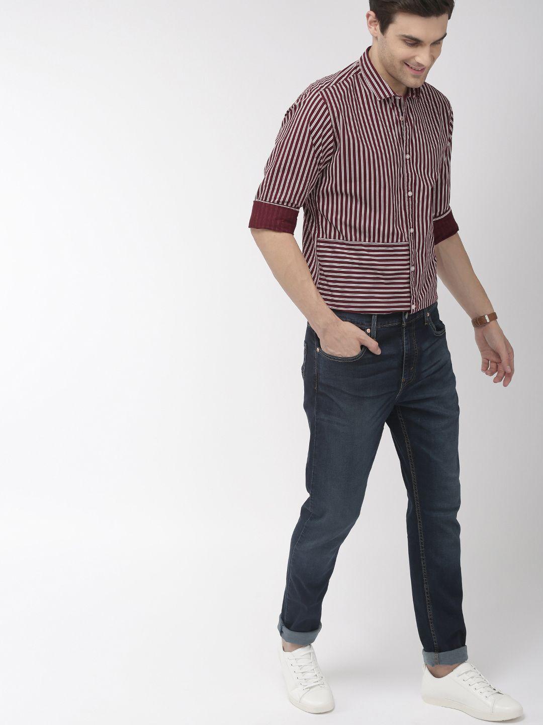 mast & harbour men maroon & white regular fit striped casual shirt