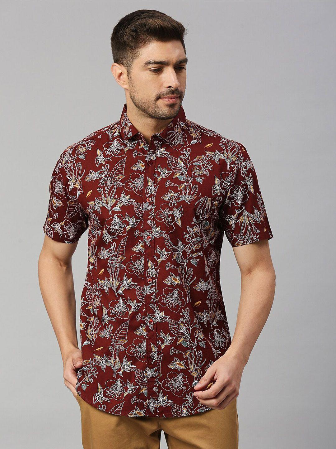 mast & harbour men maroon classic slim fit floral opaque printed casual shirt