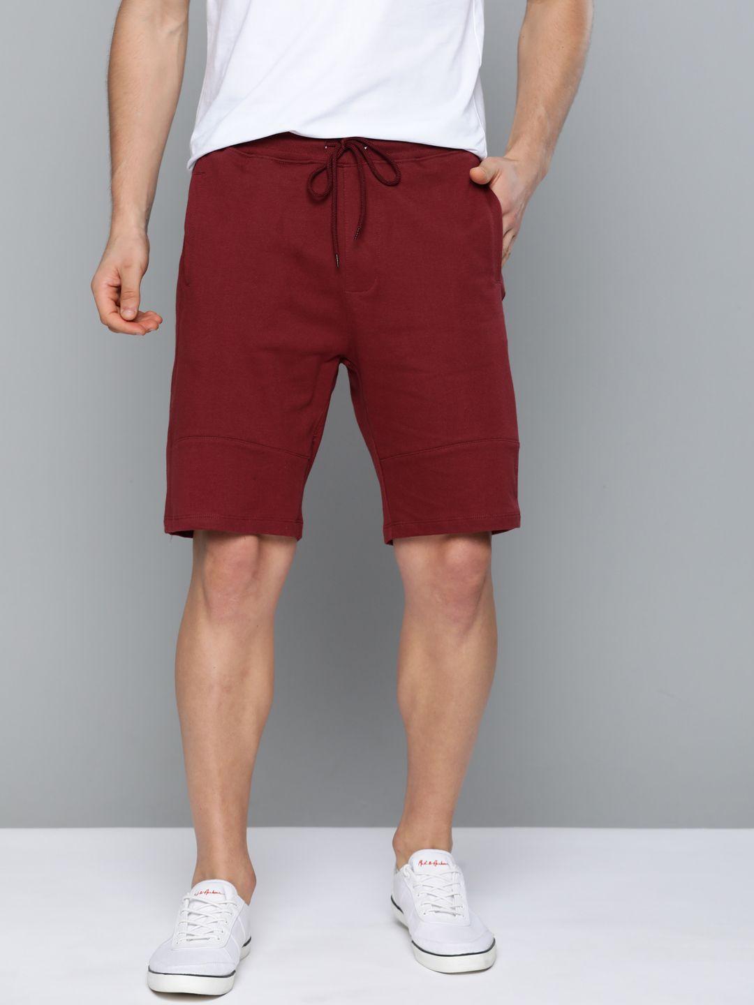 mast & harbour men maroon cotton solid regular fit shorts