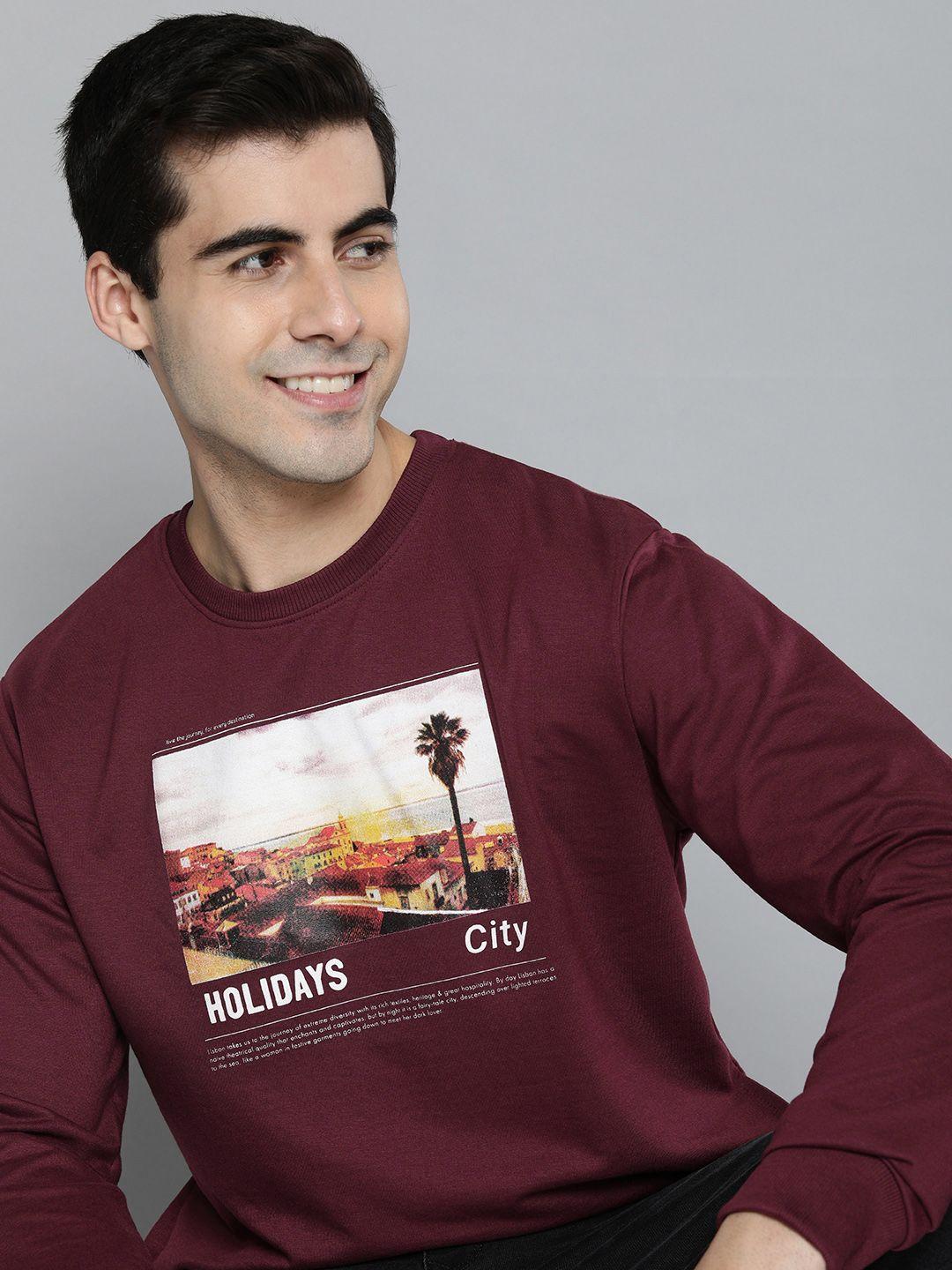 mast & harbour men maroon printed sweatshirt