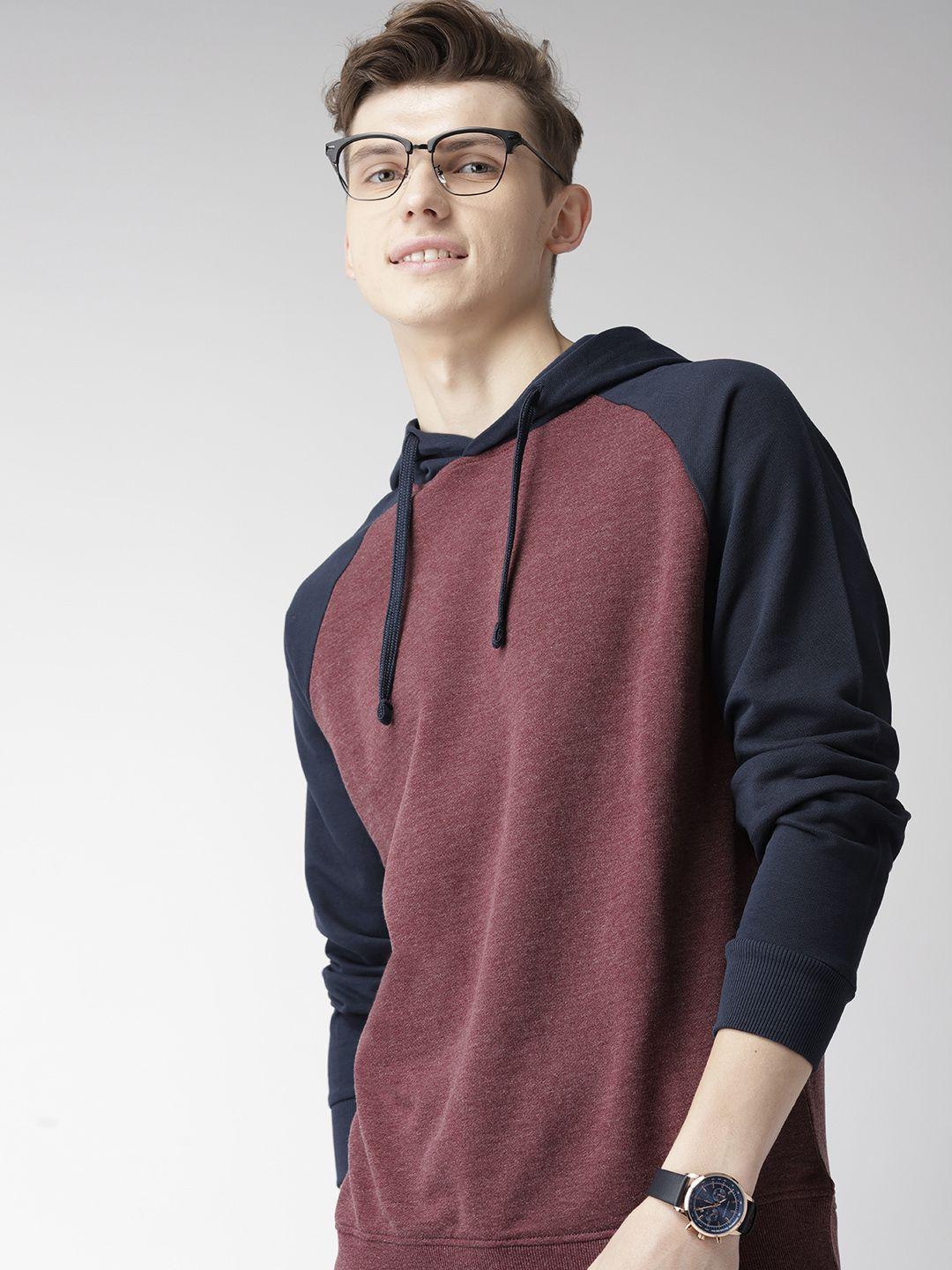 mast & harbour men maroon solid hooded sweatshirt