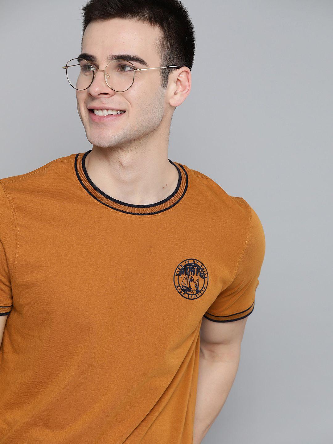 mast & harbour men mustard brown pure cotton solid round neck t-shirt