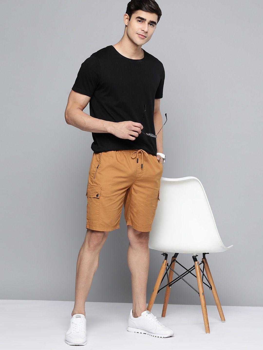 mast & harbour men mustard brown solid pure cotton cargo shorts