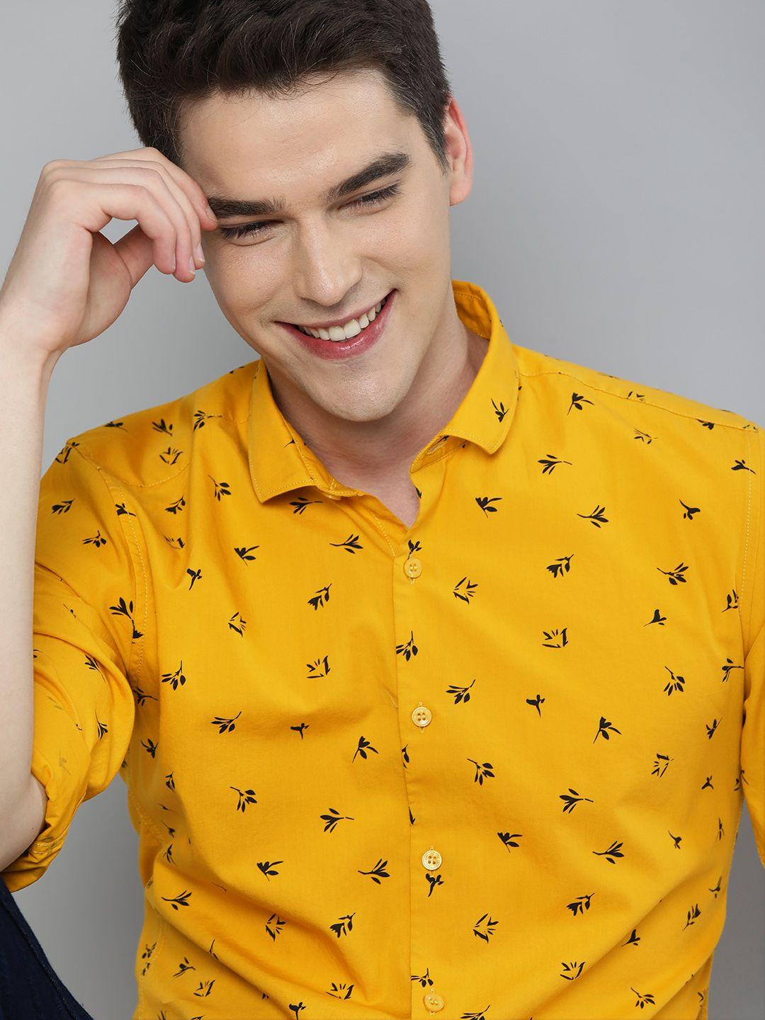 mast & harbour men mustard yellow & black regular fit printed casual shirt