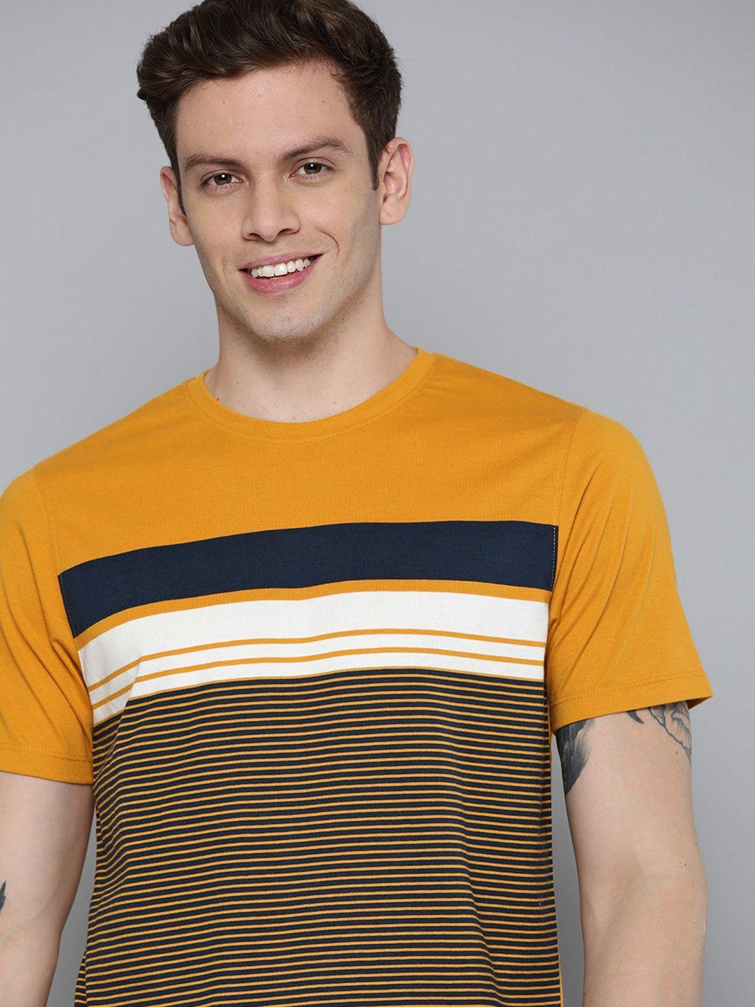 mast & harbour men mustard yellow & navy blue striped t-shirt