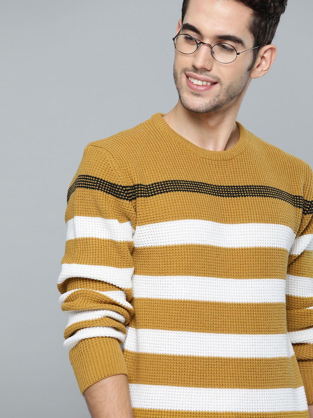 mast & harbour men mustard yellow & white striped pullover sweater