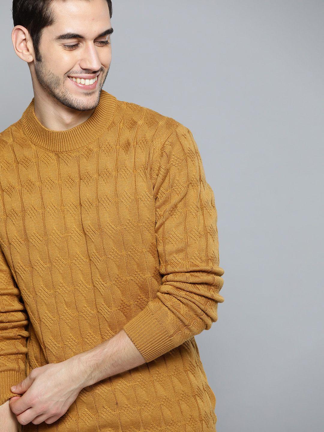 mast & harbour men mustard yellow cable knit pullover
