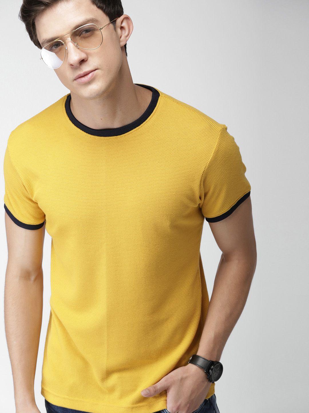 mast & harbour men mustard yellow self design round neck t-shirt