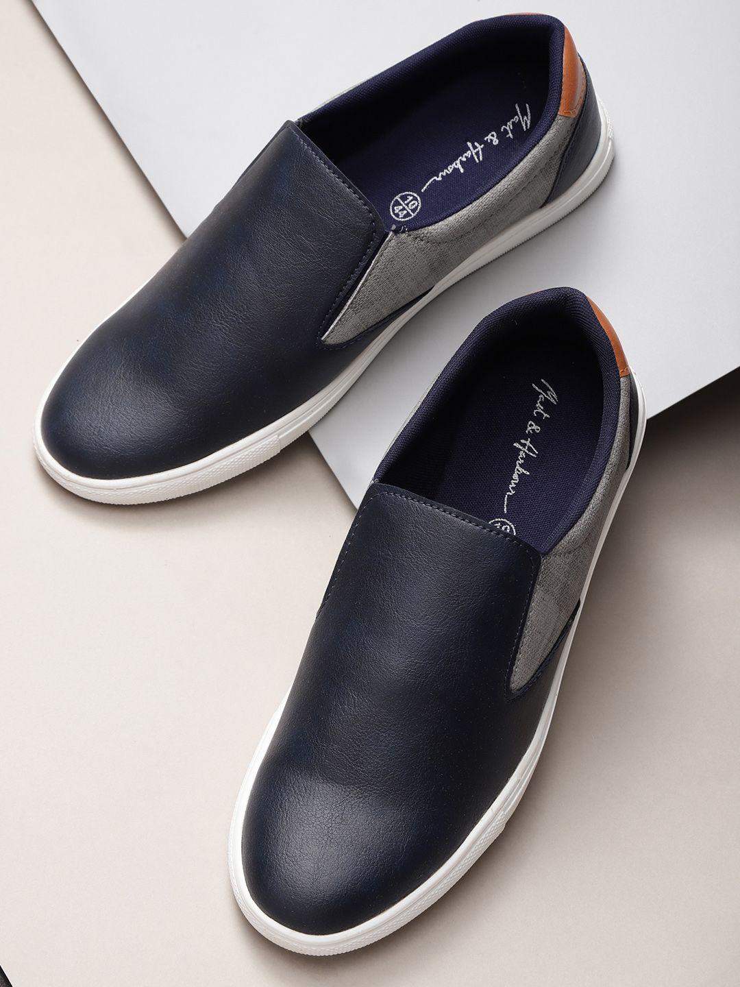 mast & harbour men navy blue & grey colourblocked slip-on sneakers