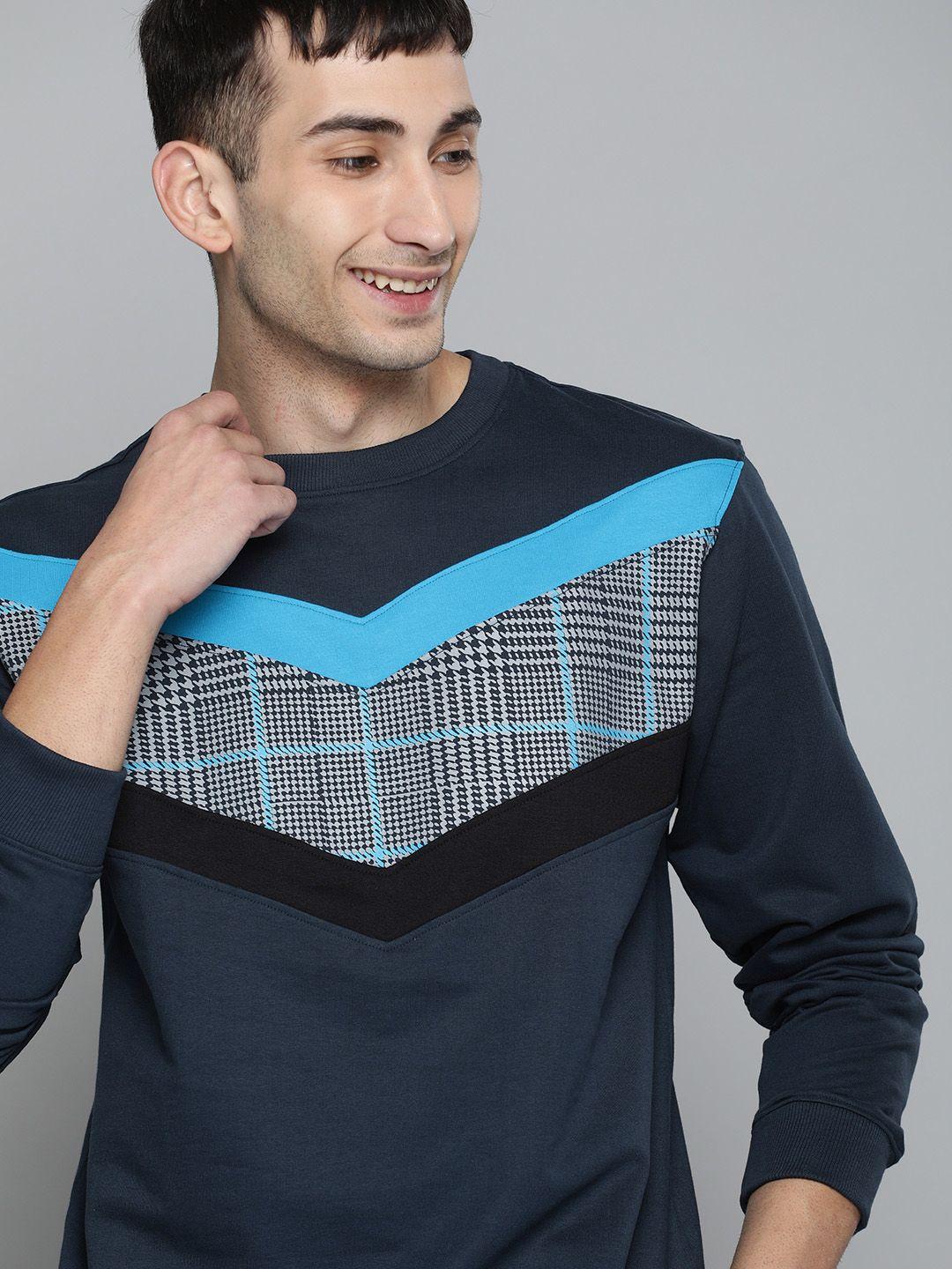 mast & harbour men navy blue & grey printed sweatshirt