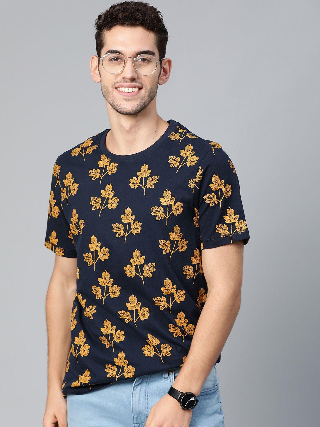 mast & harbour men navy blue & mustard yellow printed round neck t-shirt