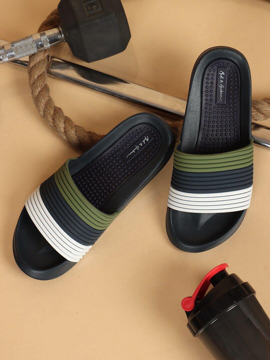 mast & harbour men navy blue & olive green colourblocked sliders