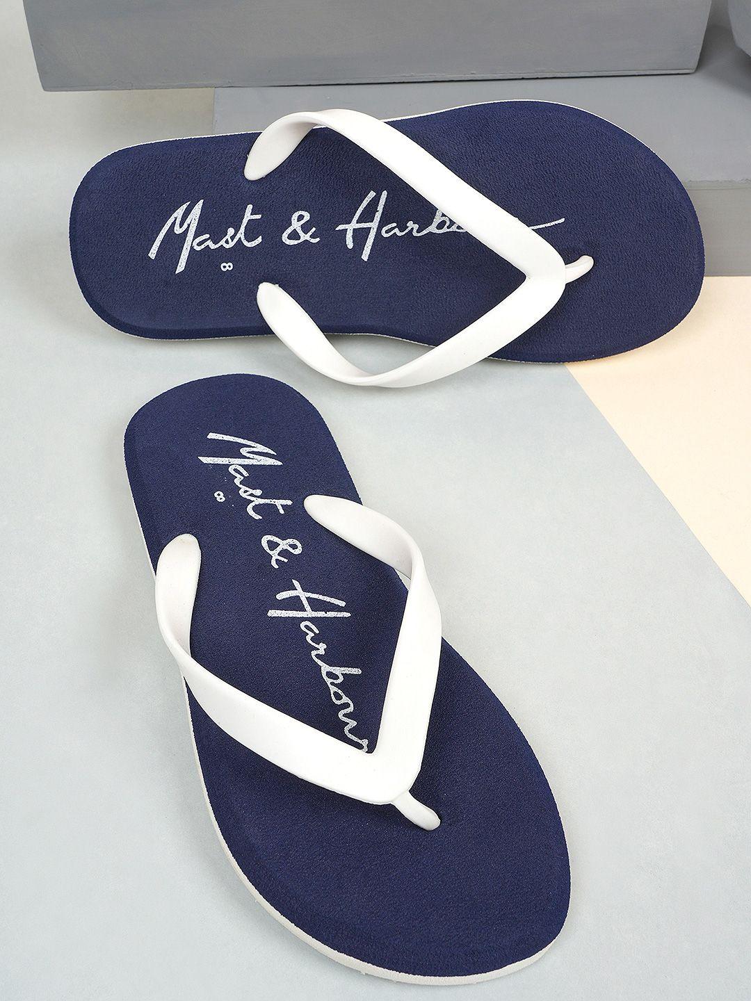 mast & harbour men navy blue & white printed rubber thong flip-flops